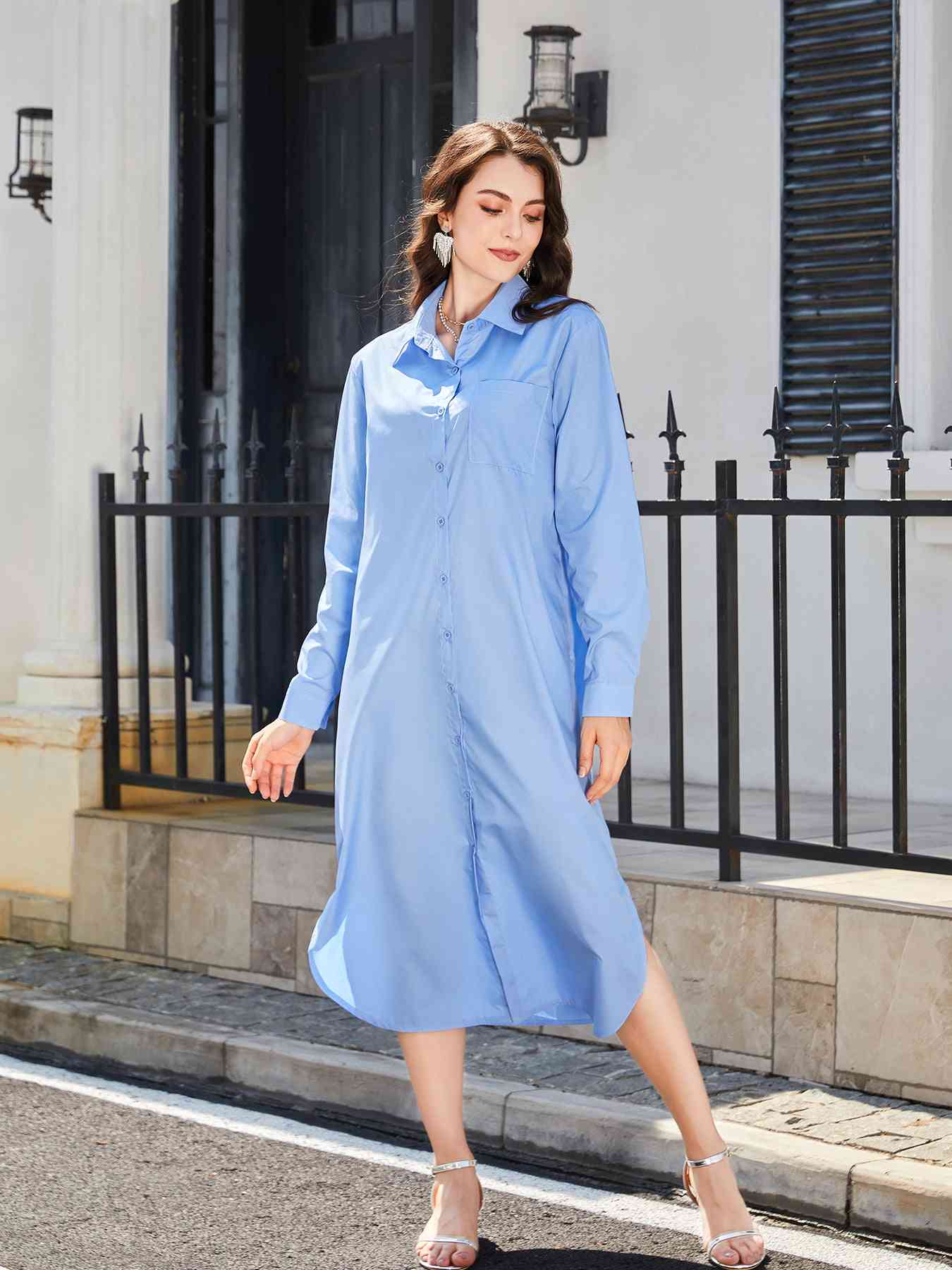 Long Sleeve Side Slit Midi Shirt Dress