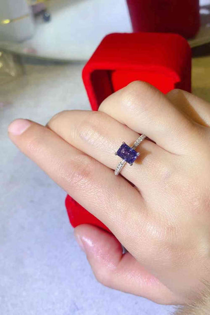 Anillo rectangular de plata de ley 925 con moissanita de 1 quilate en azul