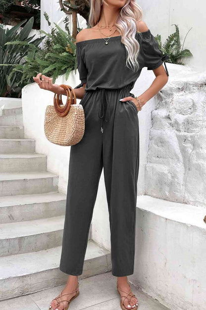 Off-Shoulder Tie Cuff Jumpsuit with Pockets