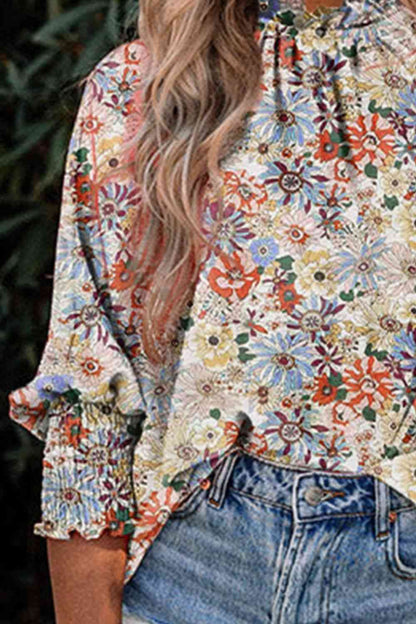 Floral Print Mock Neck Lantern Sleeve Blouse