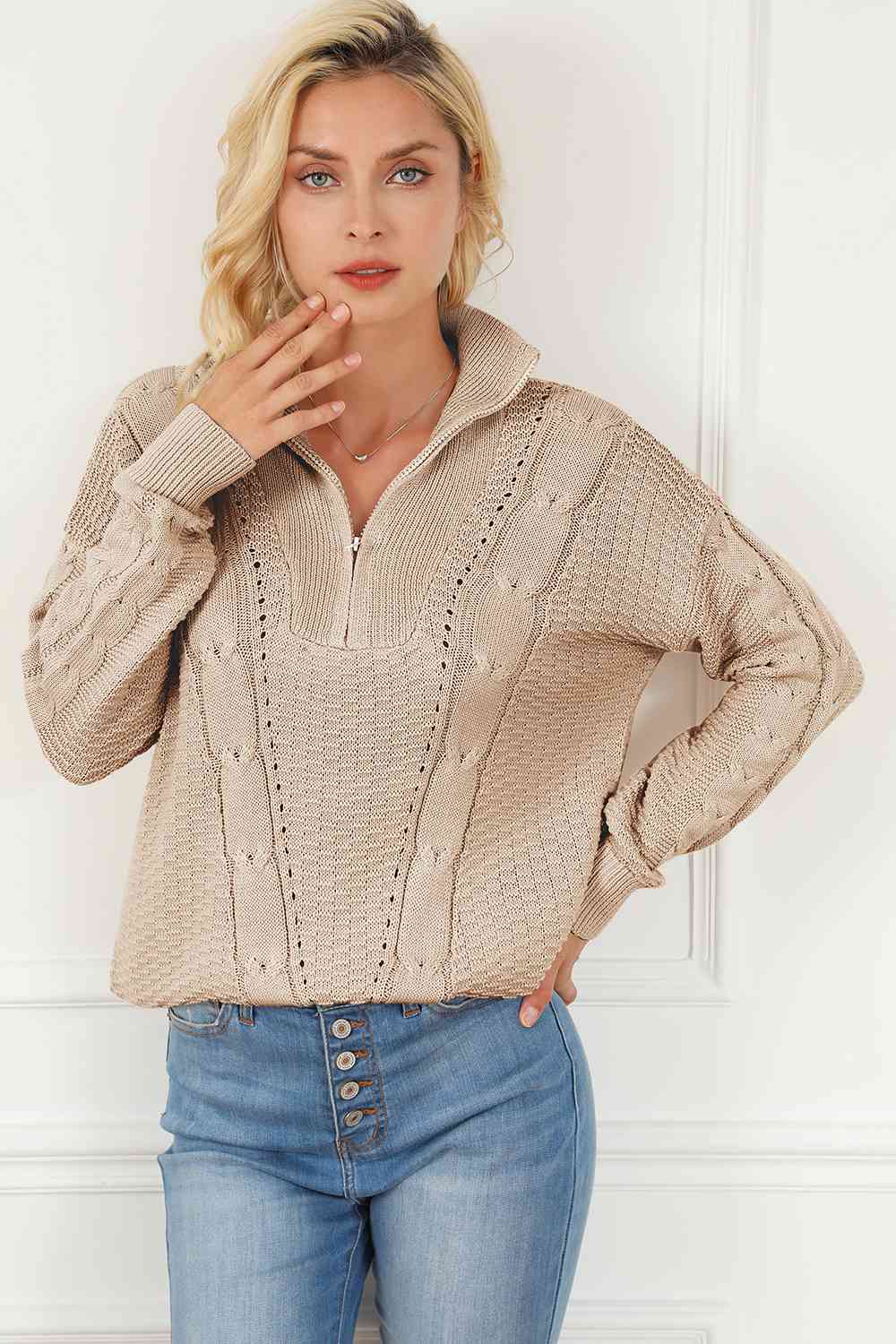 Pull à manches longues et demi-zip en tricot torsadé