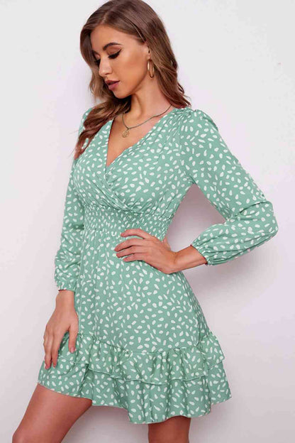 Printed Surplice Neck Puff Sleeve Ruffle Hem Dress