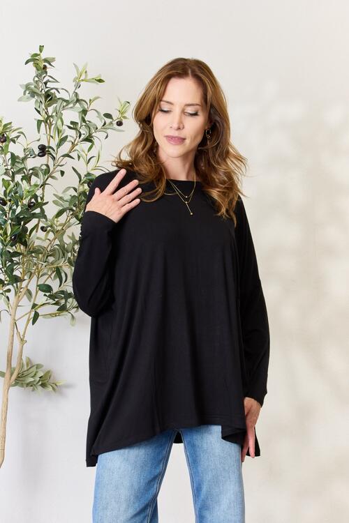 Zenana Full Size Round Neck Long Sleeve Top with Pocket