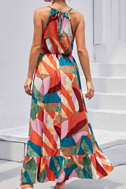 Robe longue multicolore nouée à col grec