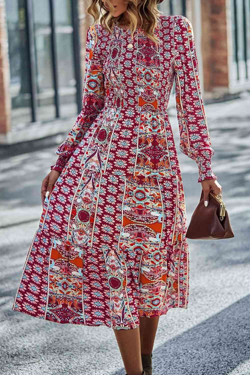 Smocked Round Neck Lantern Sleeve Midi Dress