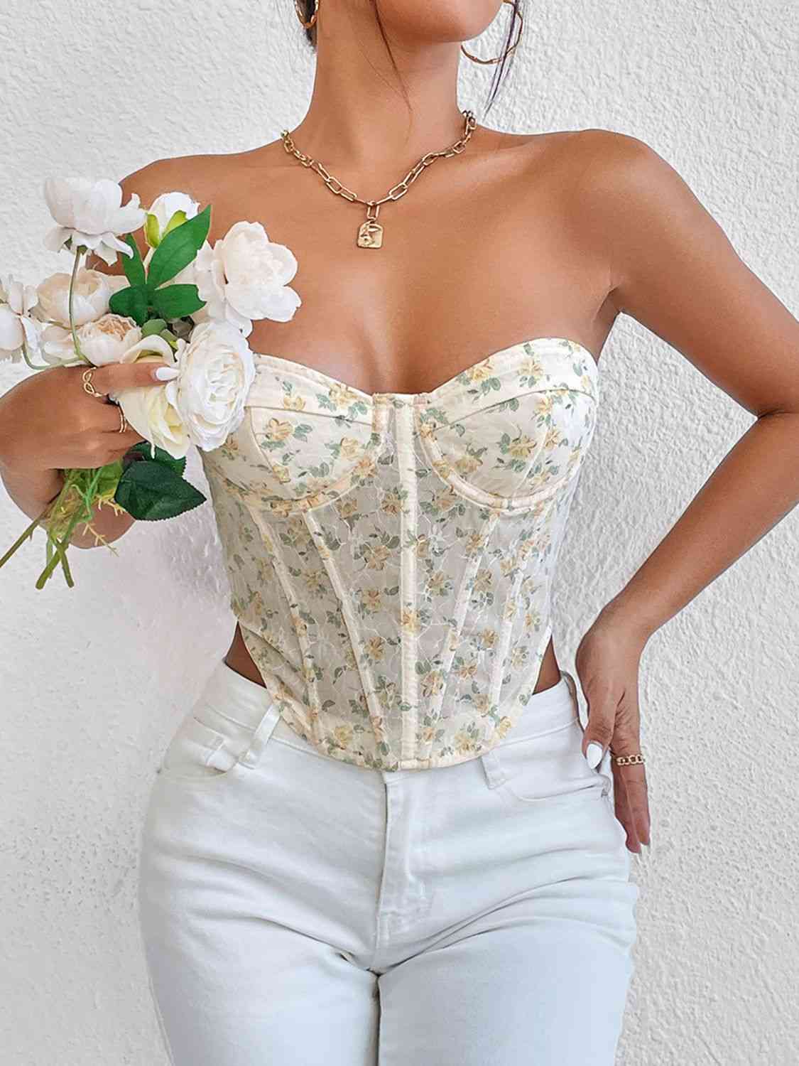 Bustier sans bretelles à lacets et fleurs