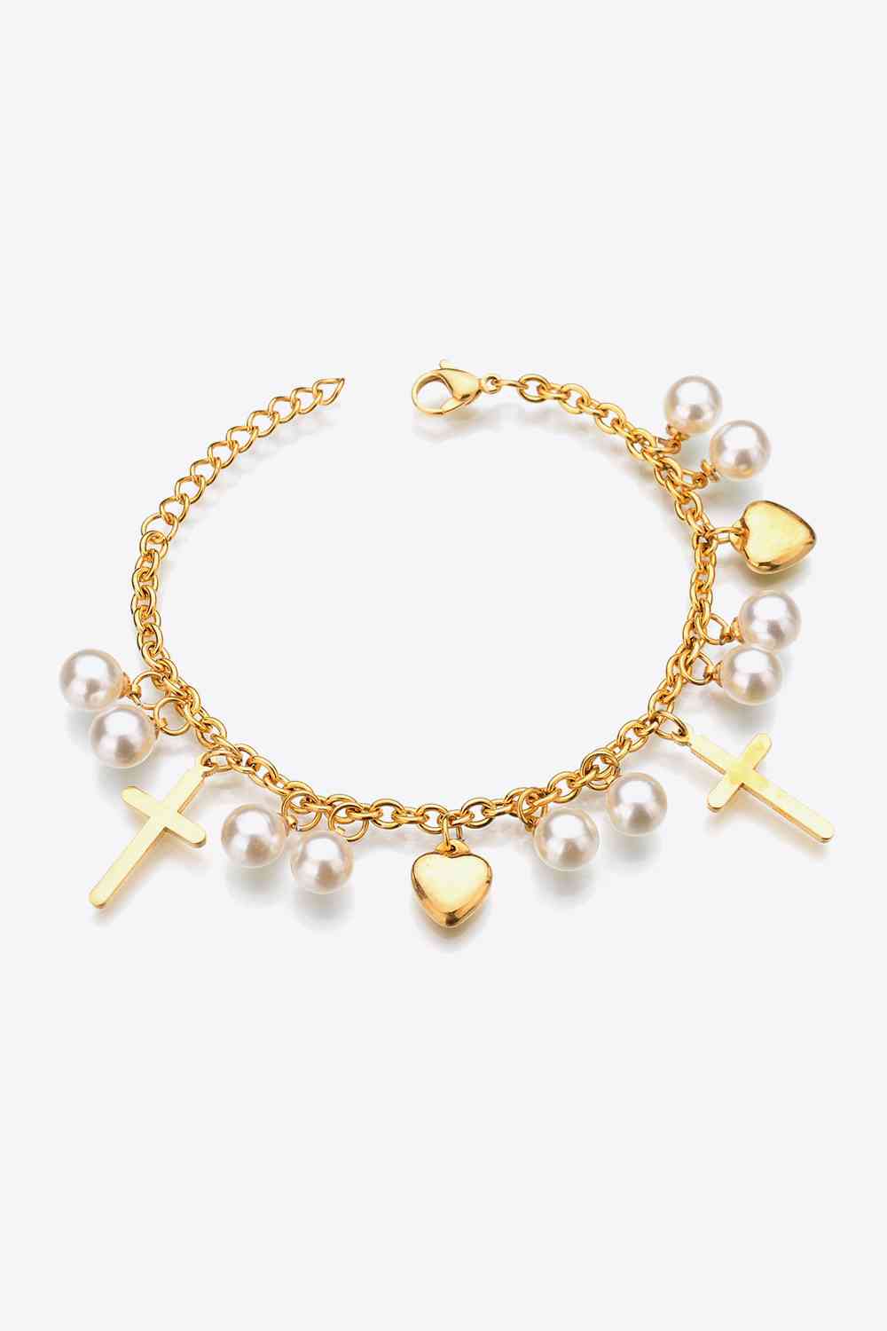 Bracelet en acier inoxydable avec breloque en forme de croix et de perles
