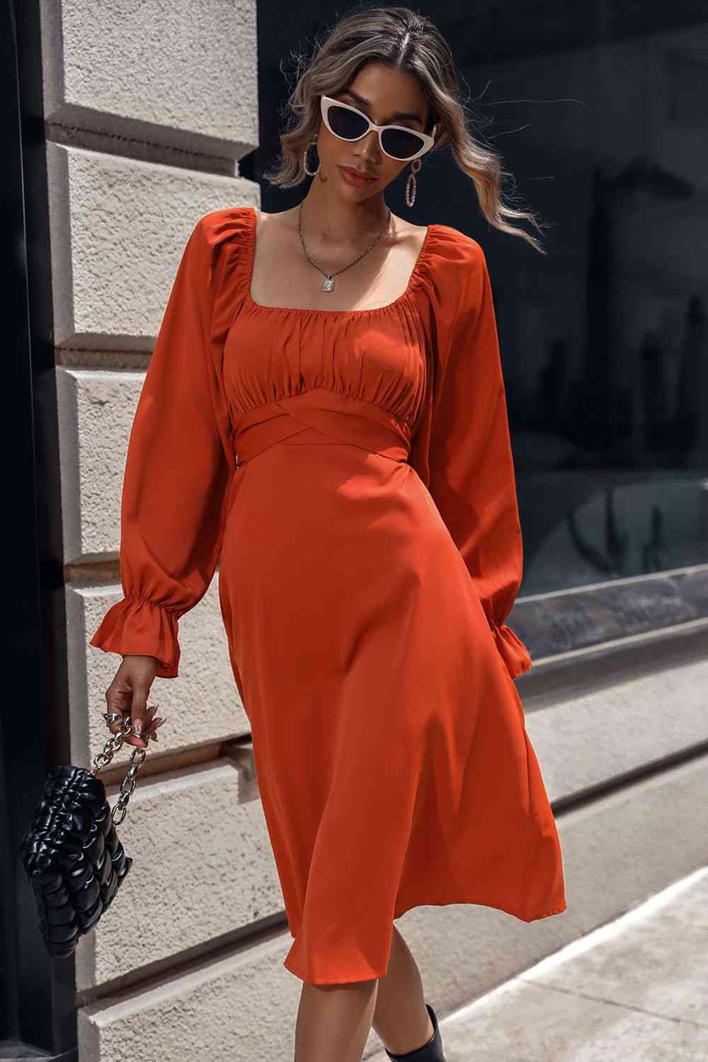 Square Neck Flounce Sleeve Midi Dress