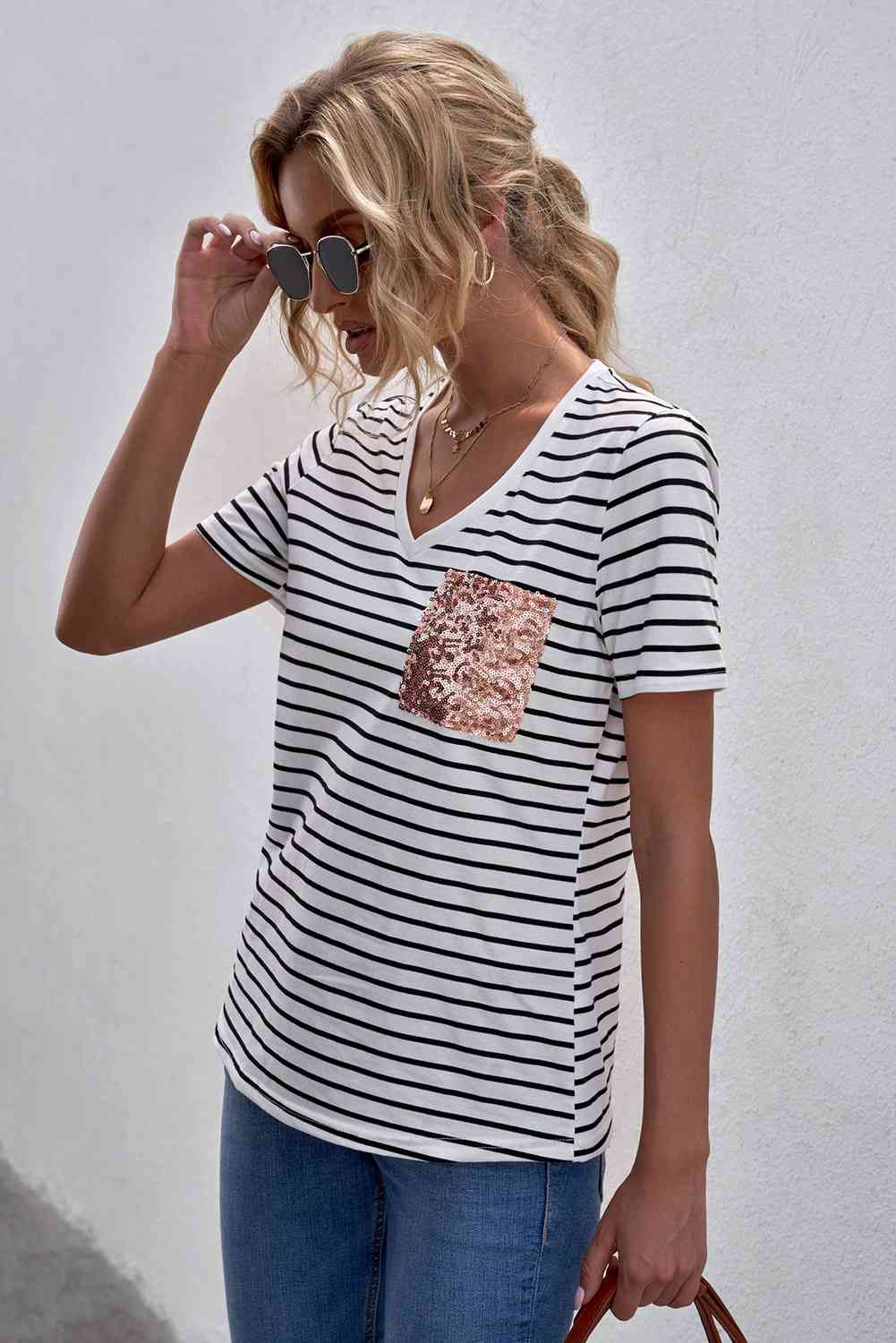 Striped Sequin Patch V-Neck Tee