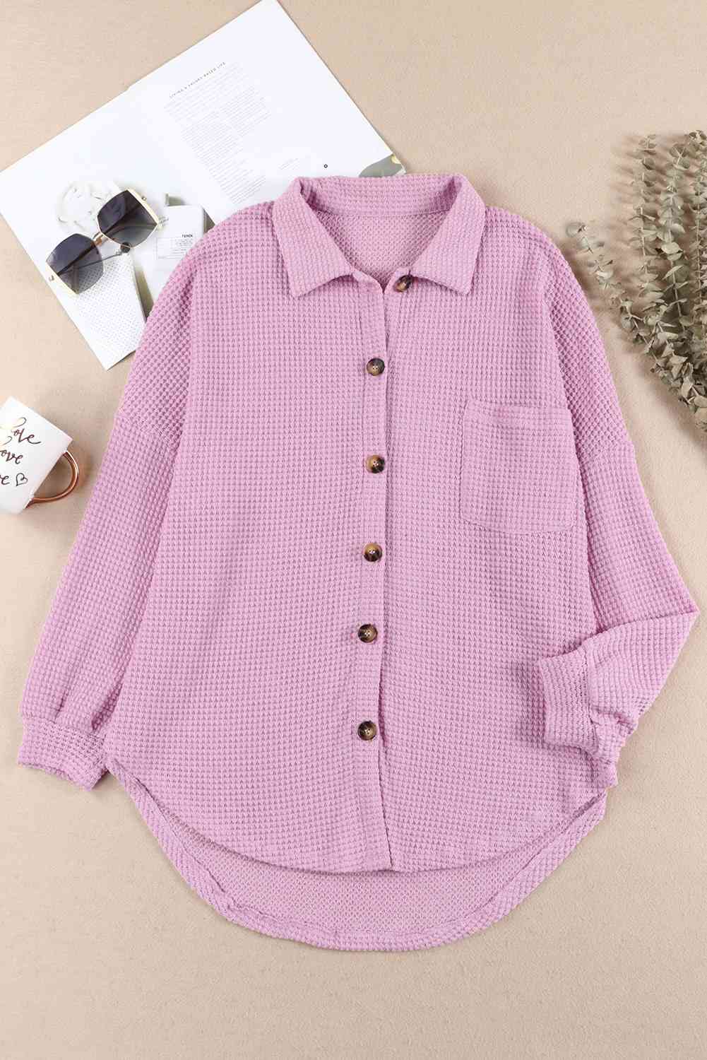 Waffle-Knit Button Up Long Sleeve Shirt with Pocket