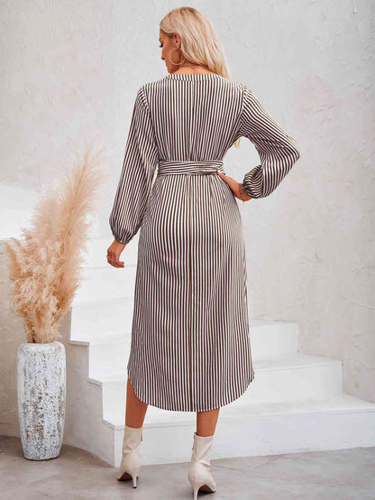 Striped Notched Neck Curved Hem Long Sleeve Dress