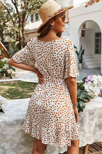 Printed Round Neck Flounce Sleeve Mini Dress