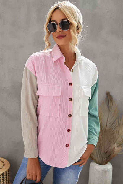 Color Block Button Front Shirt with Pockets