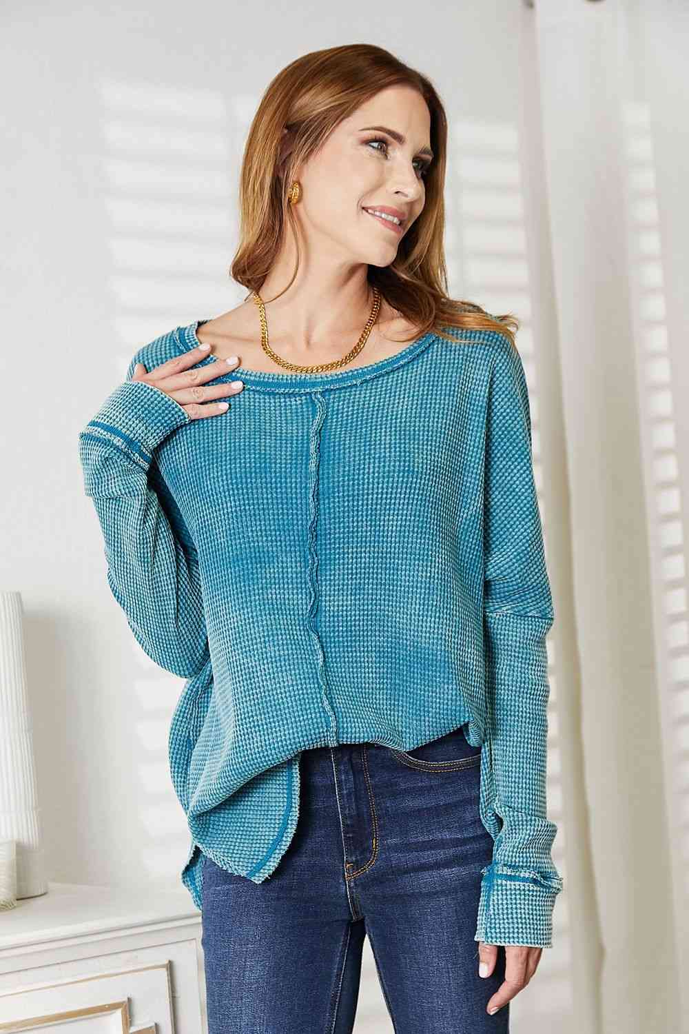 Zenana Full Size Washed Baby Waffle Oversized Long Sleeve Top