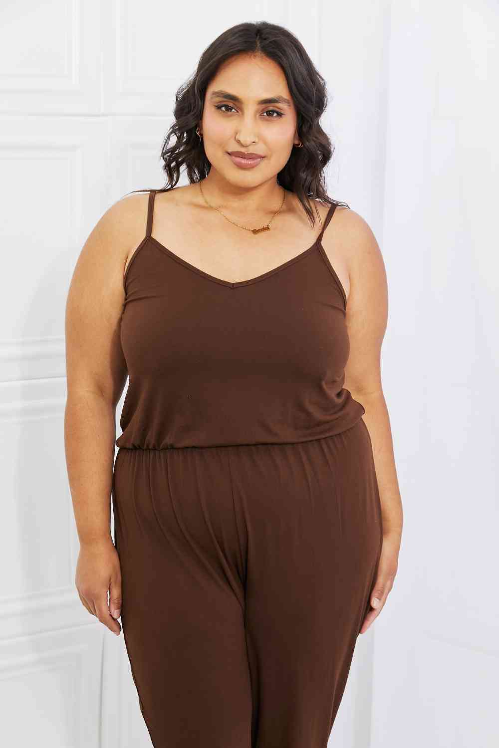 Capella Comfy Casual Combinaison taille élastique unie pleine taille en chocolat