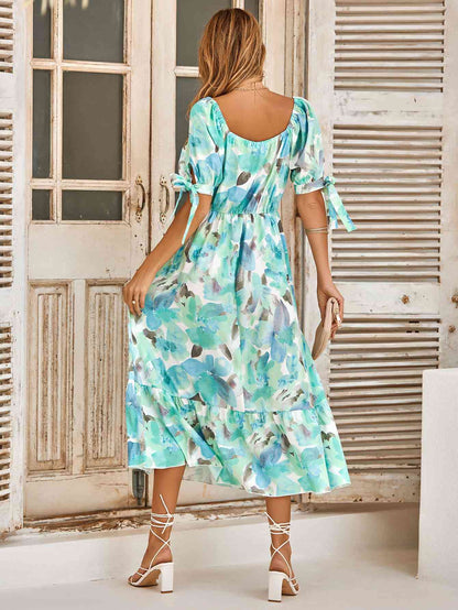 Floral Tie Cuff Surplice Neck Dress