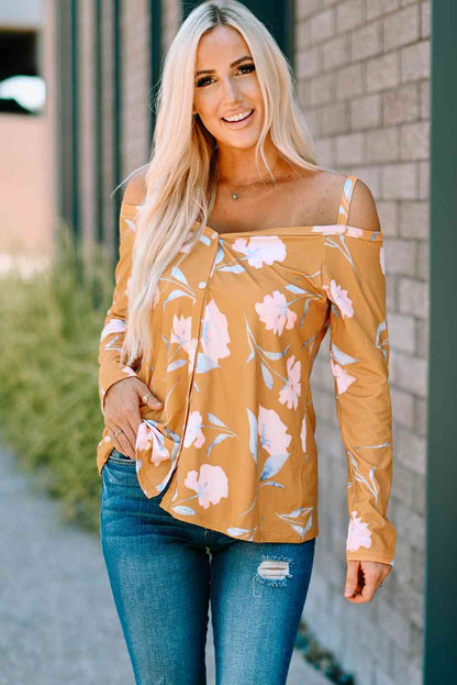 Floral Cold-Shoulder Long Sleeve Top