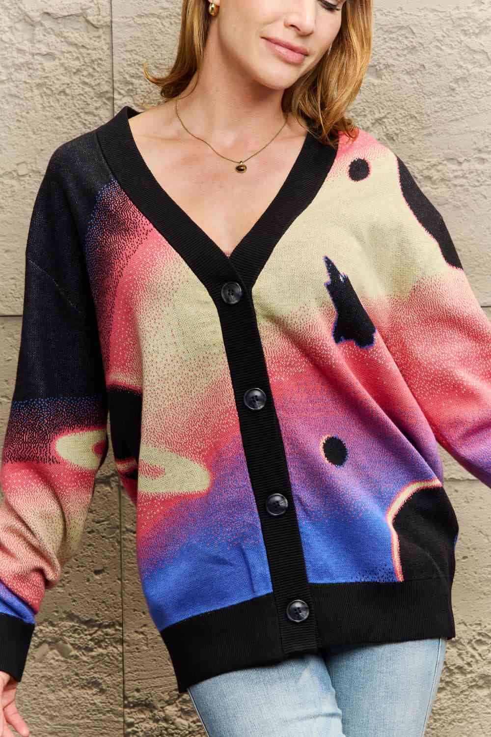 Woven Right Full Size Long Sleeve Space Graphic Cardigan