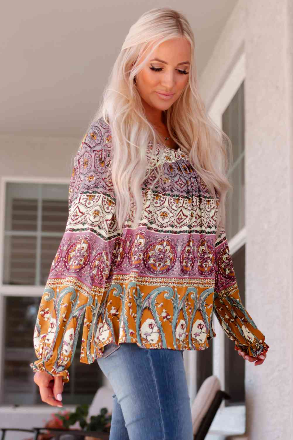 Bohemian Long Flounce Sleeve V-Neck Blouse