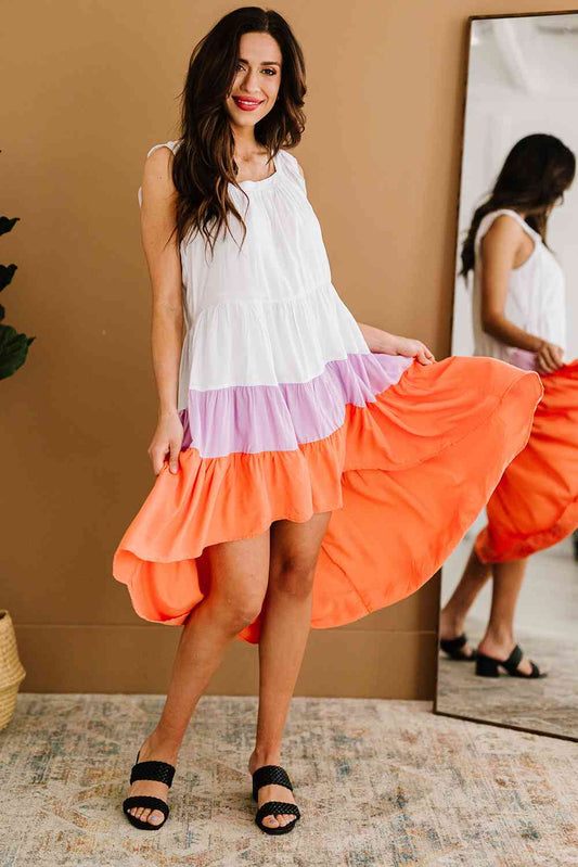 Color Block Ruffle Hem Tiered High-Low Dress