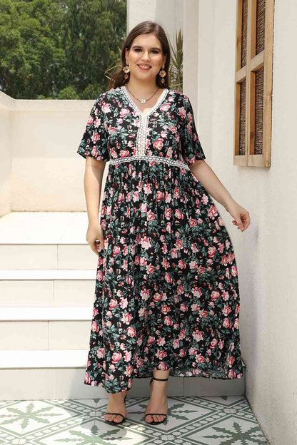 Robe Longue Florale à Col en V de Grande Taille