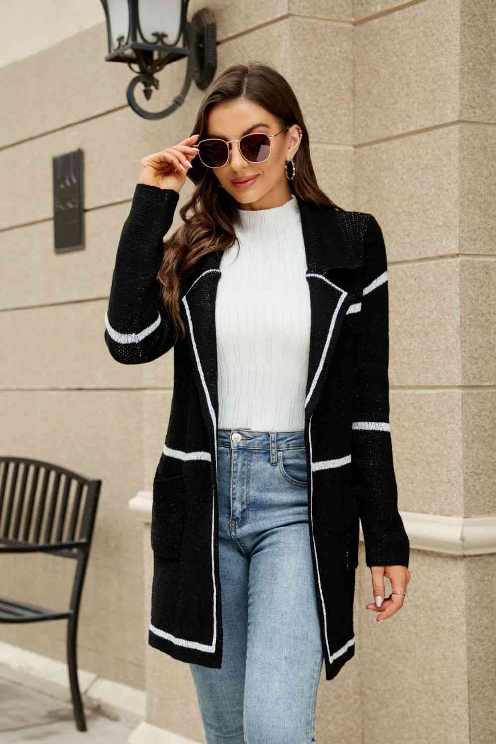 Double Take Striped Contrast Open Front Lapel Collar Cardigan with Pockets