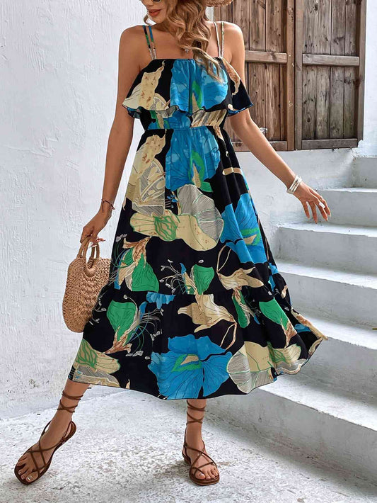 Vestido floral con dobladillo con volantes y doble tirante