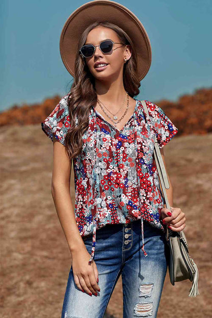 Floral Flutter Sleeve Tie-Neck Blouse