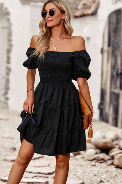 Balloon Sleeve Square Neck Smocked Midi Dress