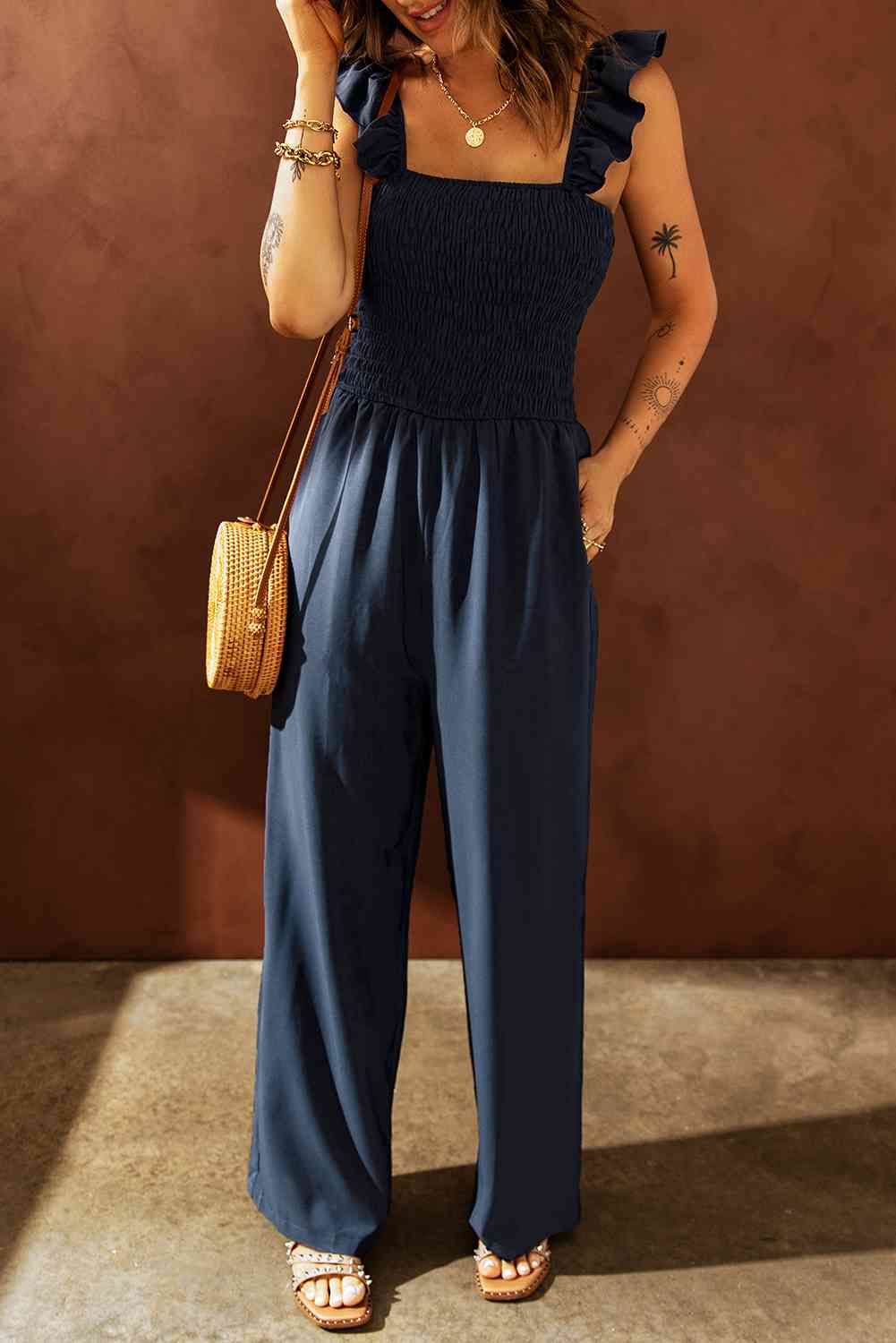 Ruffle Shoulder Smocked Pocket Jumpsuit