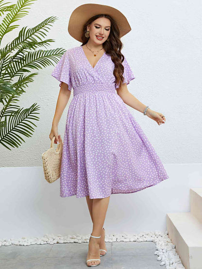 Robe Surplis Imprimée à Taille Smockée de Grande Taille