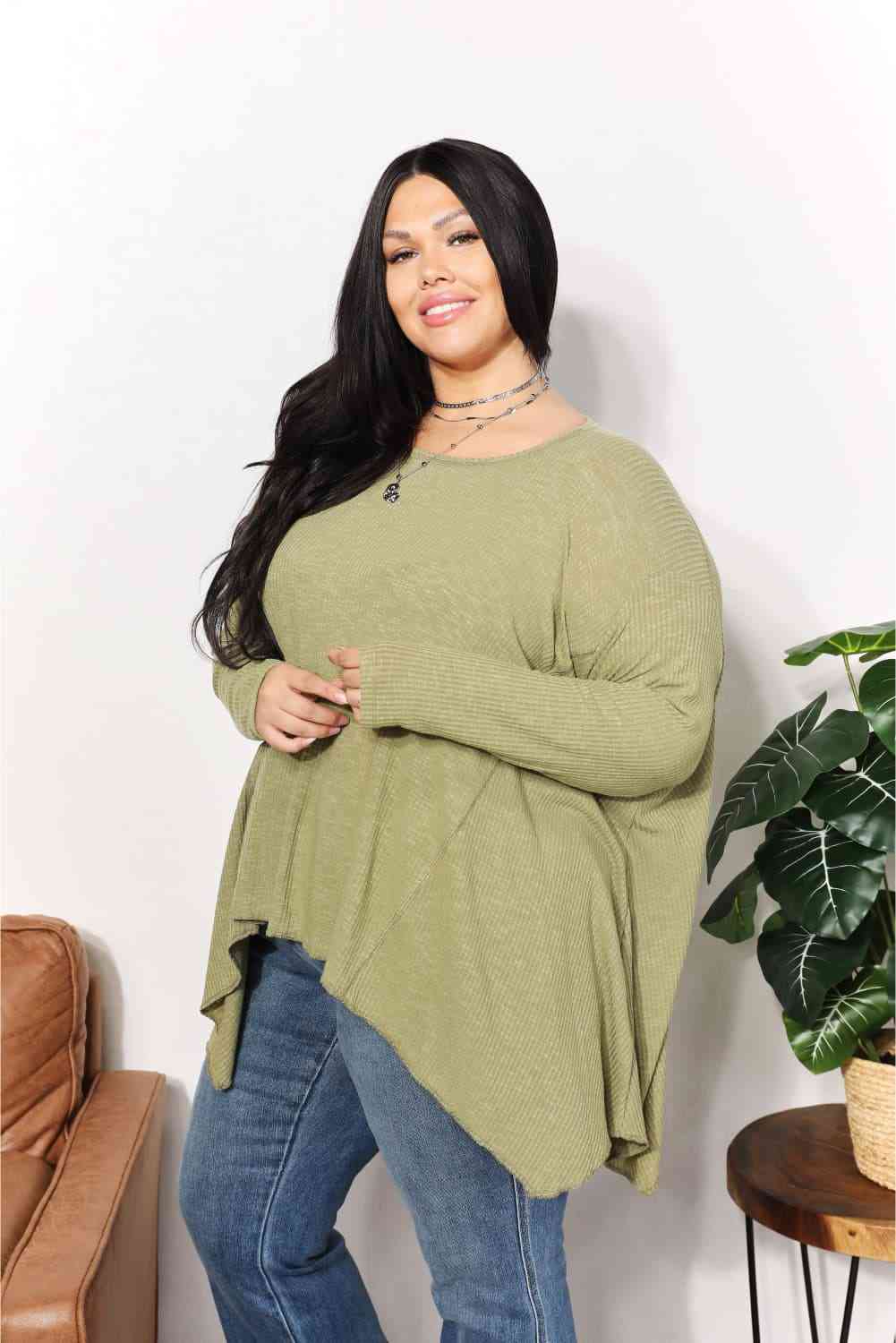 HEYSON Full Size Oversized Super Soft Rib Layering Top with a Sharkbite Hem and Round Neck