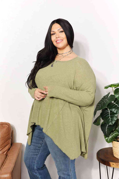 HEYSON Full Size Oversized Super Soft Rib Layering Top with a Sharkbite Hem and Round Neck