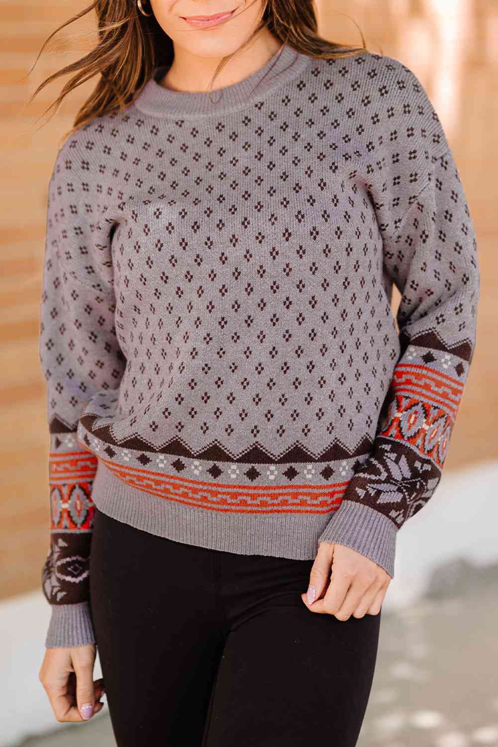 Geometrical Pattern Round Neck Dropped Shoulder Pullover Sweater