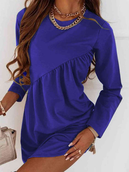 Ruched Round Neck Long Sleeve Dress