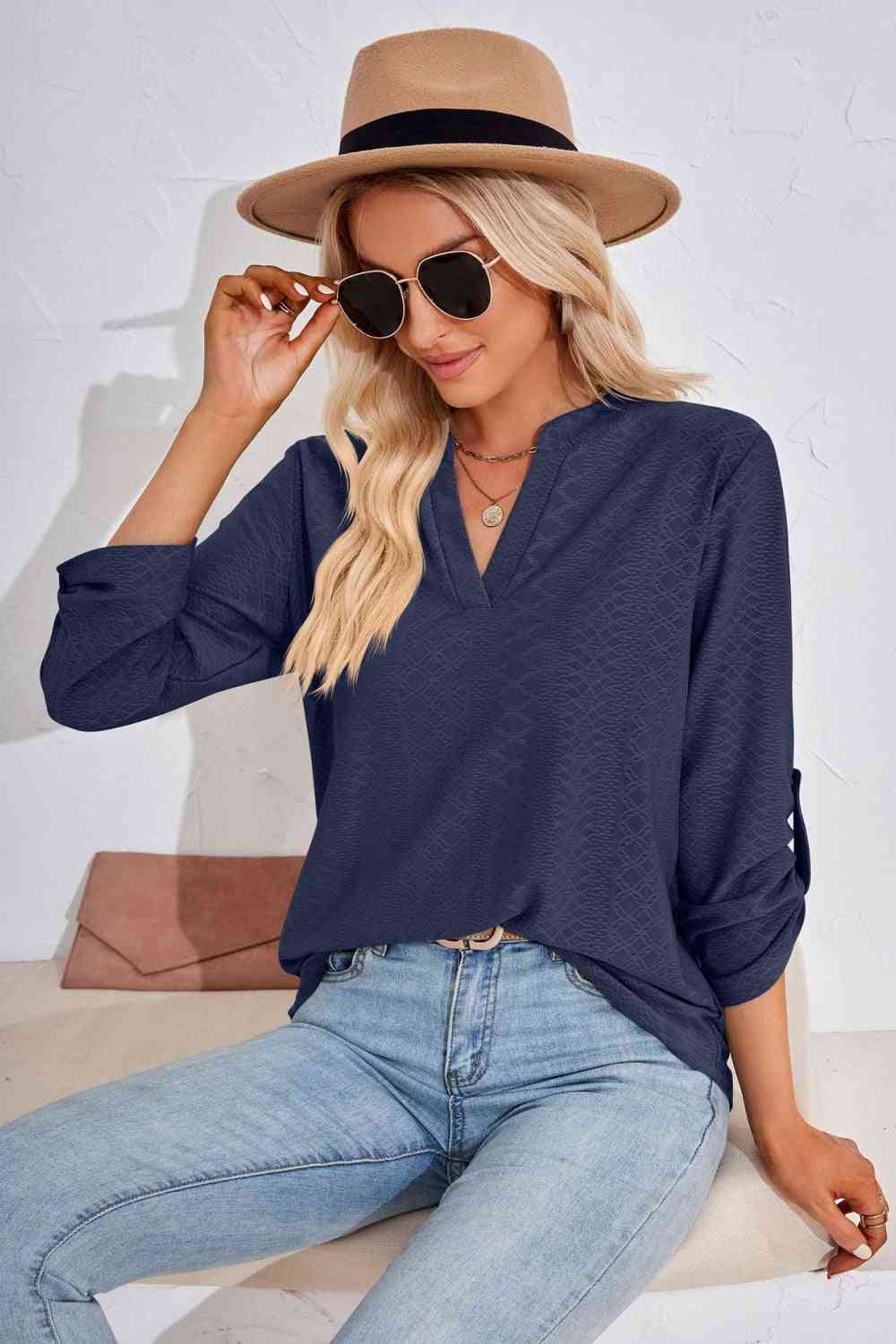 V-Neck Roll-Tap Sleeve Blouse