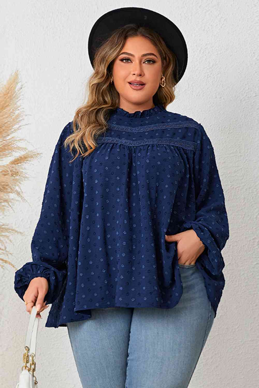 Blouse à Col Montant et Manches Ballon de Grande Taille