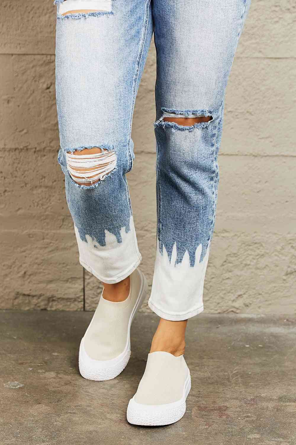 BAYEAS Jean skinny court peint taille haute effet vieilli