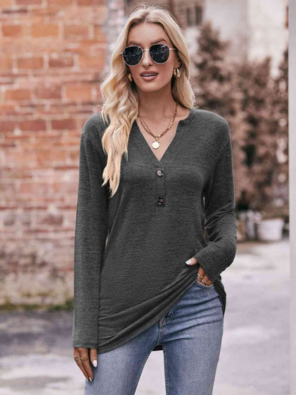 Double Take Buttoned Notched Neck Long Sleeve Top