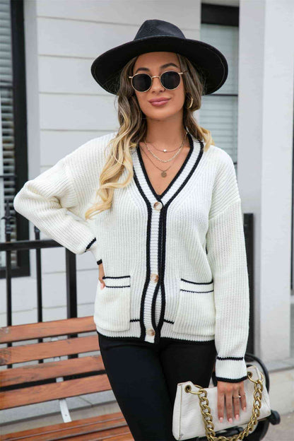 Cardigan à col en V en tricot gaufré avec poche