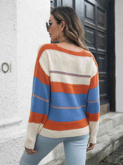 Striped V-Neck Drop Shoulder Sweater