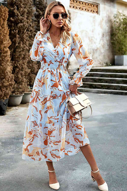 Printed Surplice Neck Flounce Sleeve Midi Dress