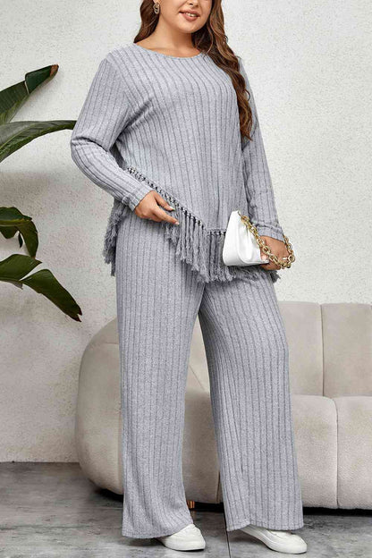 Plus Size Tassel Hem Top and Pants Set