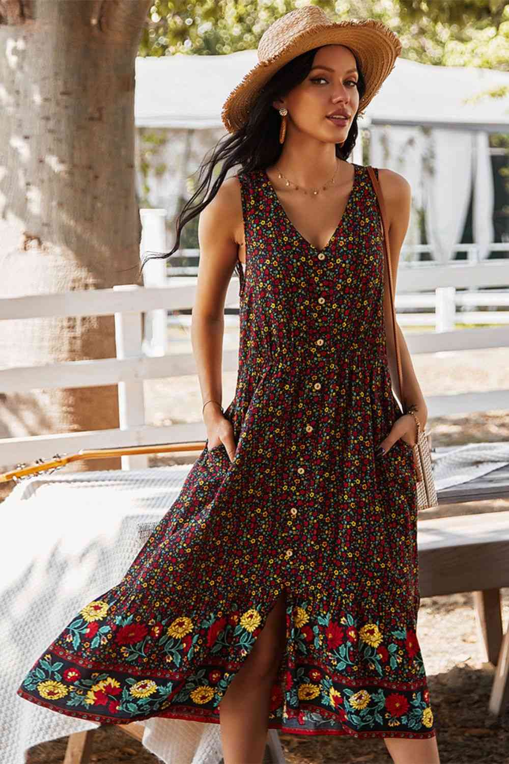 Robe midi sans manches à col en V et imprimé floral de style bohème