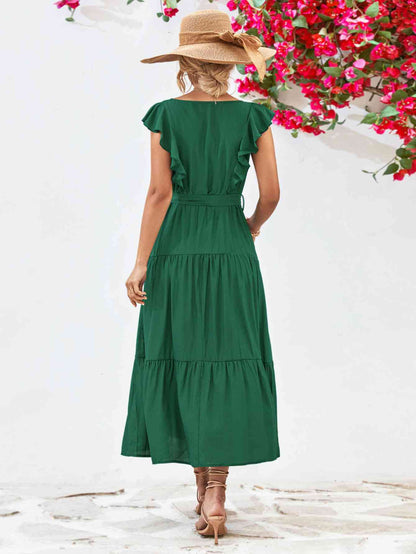 Tie Belt Ruffled Tiered Dress