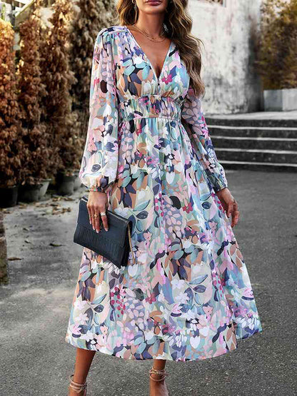 Robe midi imprimée à col en V et manches longues