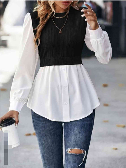 Blouse contrastée à col rond et manches bouffantes