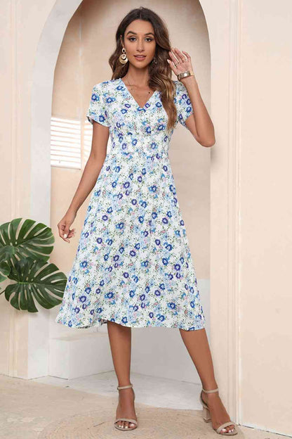 Surplice Short Sleeve Knee Length Dress