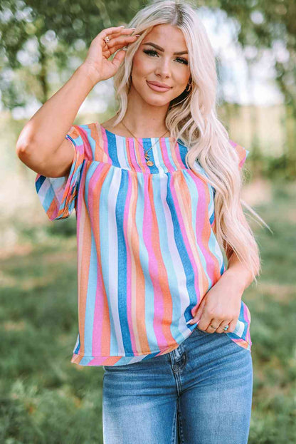 Blusa con mangas onduladas a rayas multicolores