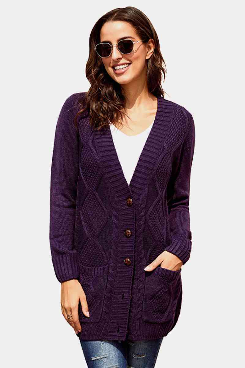 Woven Right Button Pocket Cable Knit Cardigan